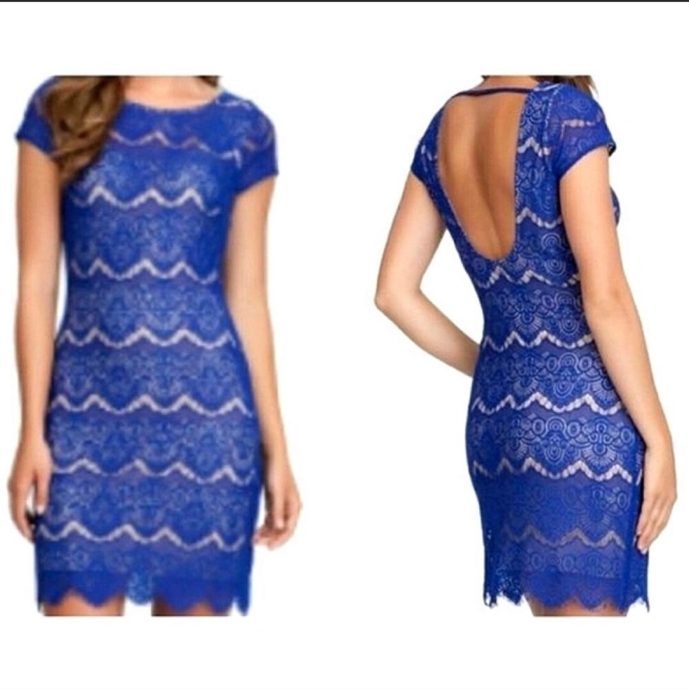 Bebe Blue Lace with Open Scoop Back Midi Holiday Dress - Size Large